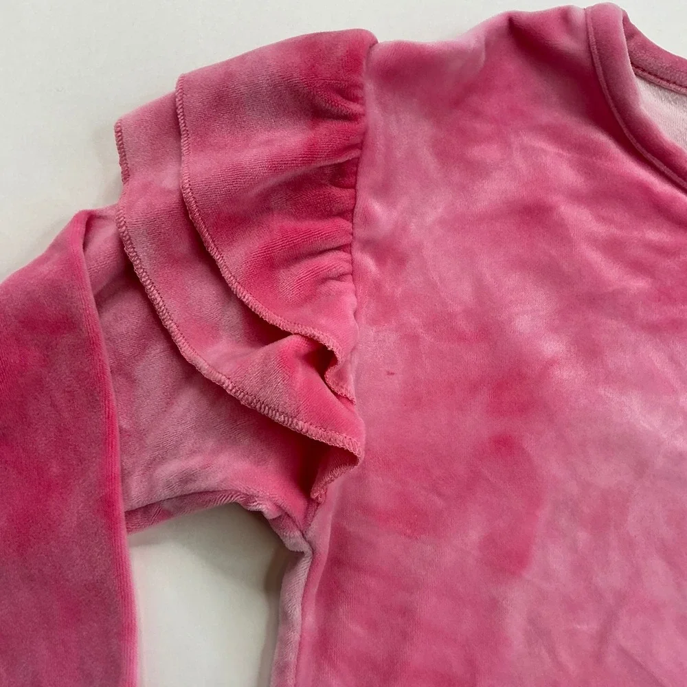 btween Pink Tie-Dye Velour Tracksuit Kids Size 8 Ruffle Shoulder Jogger Set
